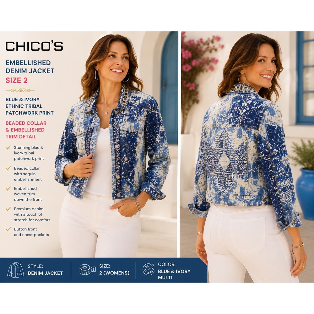 Chicos Embellished Denim Jacket Women's 2(L) Blue Ivory Beaded Boho Tribal #1843